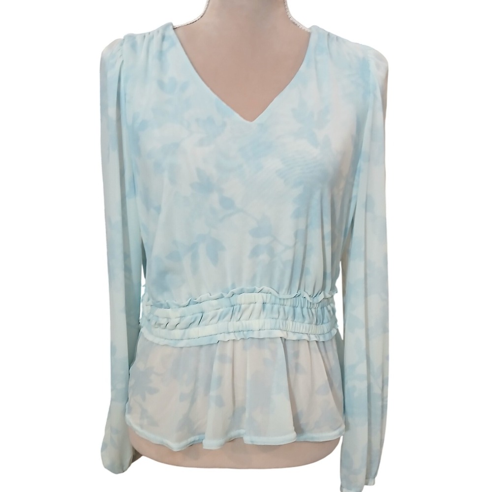 INC Light Blue Floral Print Mesh Peplum Top Size PL Fairy Whimsical Ethereal